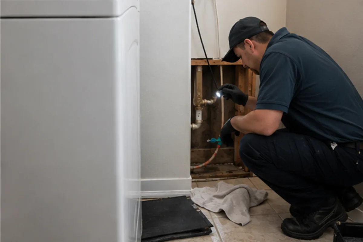 Houston appliance supply line leak assessment beside lower cabinets
