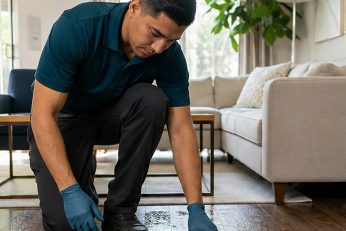 Houston water damage technician mapping moisture at a residential floor