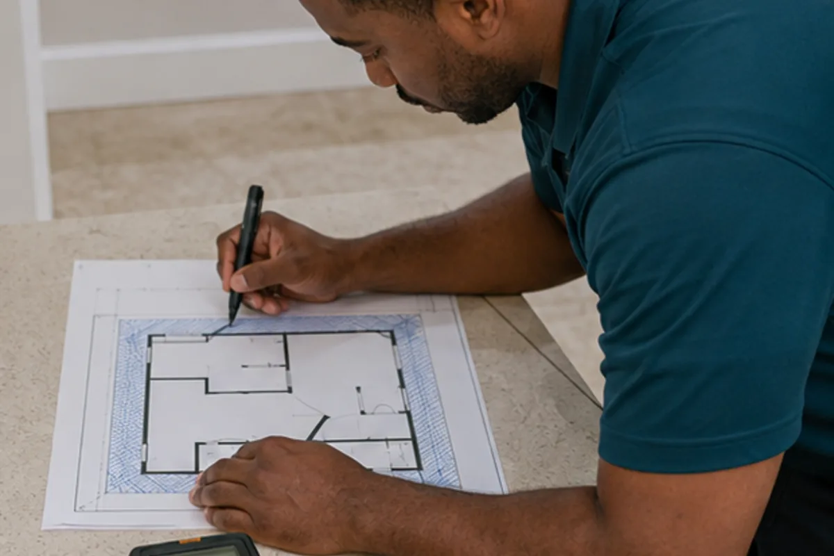 Houston technician drawing a room moisture boundary beside a meter